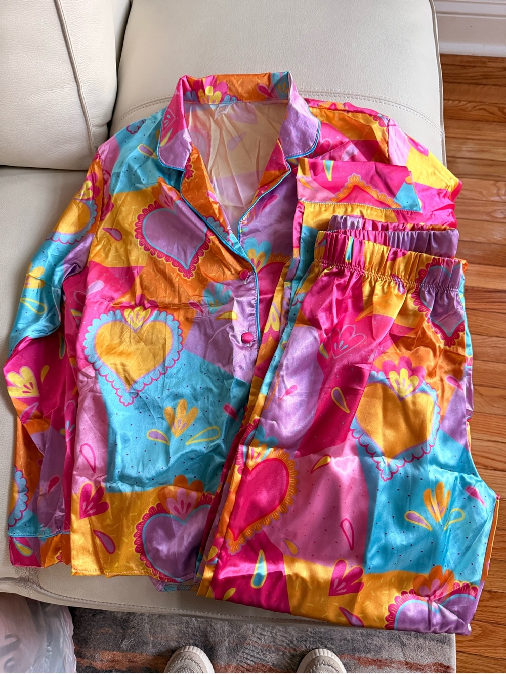 Colorful Heart Print Satin Pajama Set Button Up & Pants